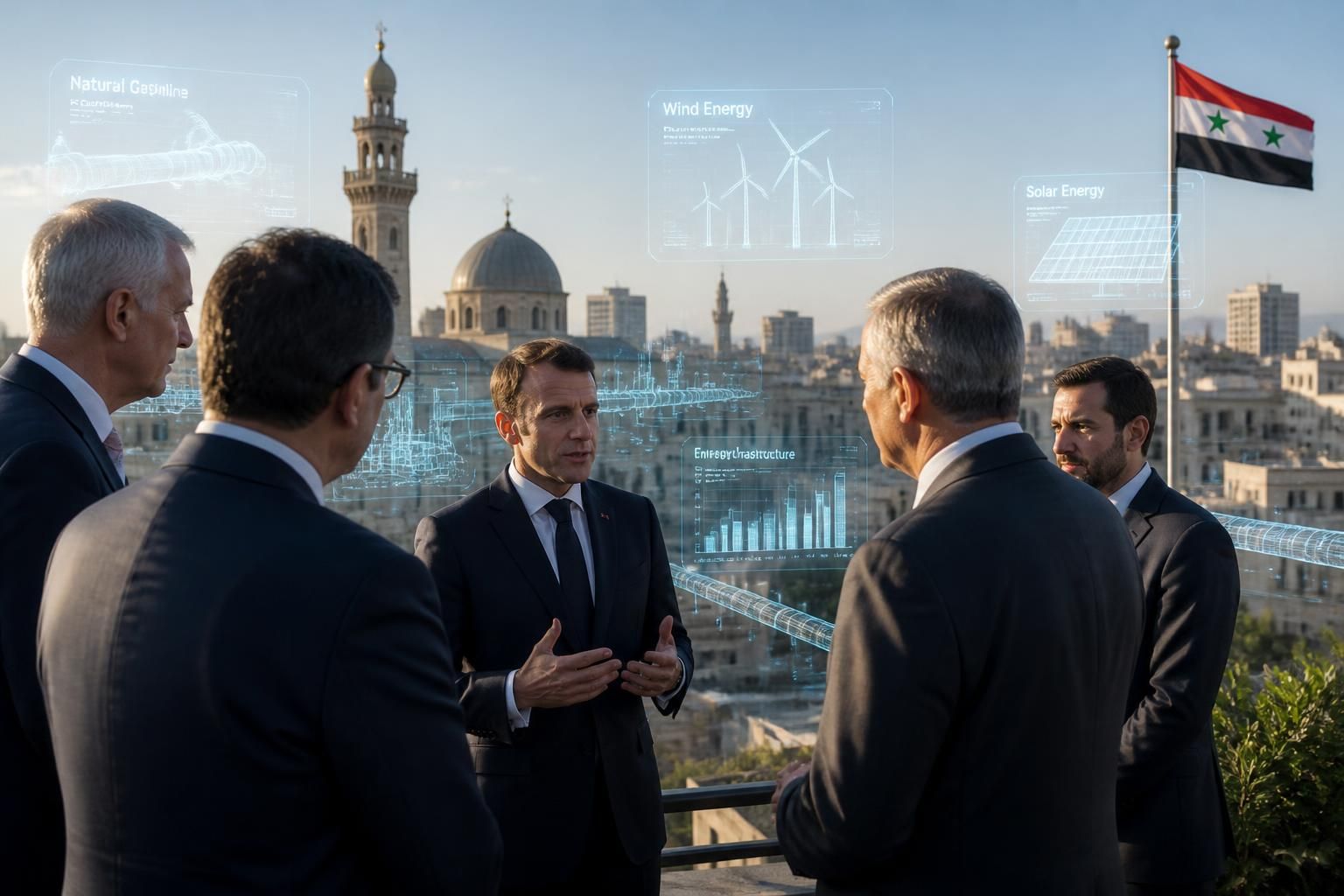 à damas, emmanuel macron et les entreprises françaises cherchent à transformer la syrie en un hub énergétique régional, renforçant la coopération économique et le développement durable dans la région.