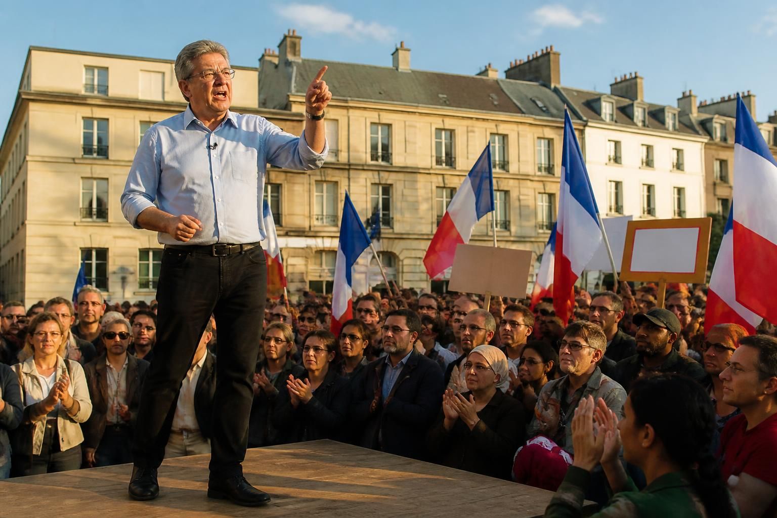 jean-luc mélenchon prononce un discours passionné lors du meeting place victor-hugo à saint-denis, mobilisant ses soutiens pour un avenir engagé et solidaire.