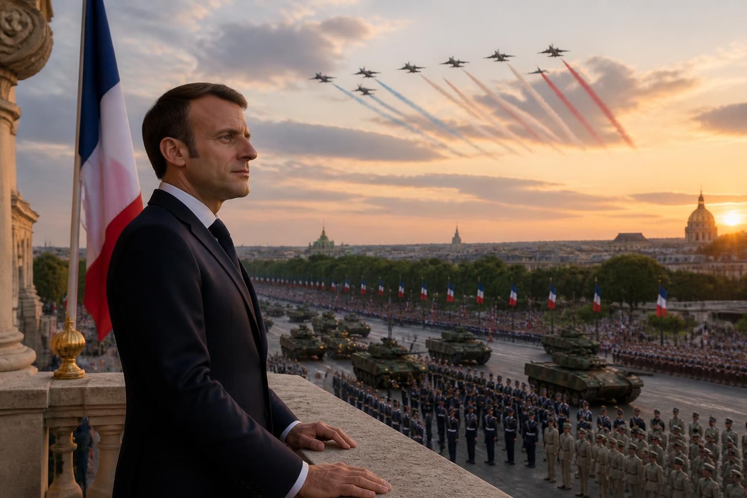 pour son dernier 14-juillet, emmanuel macron incarne le « en même temps » en appelant à la paix tout en mettant en avant la puissance militaire française.