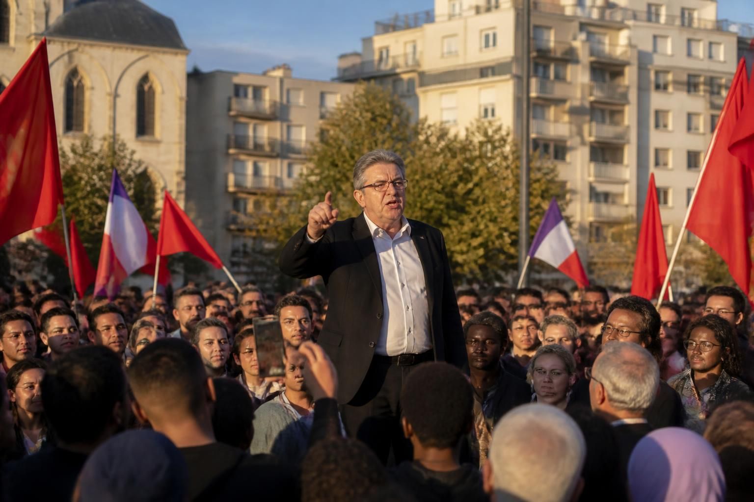 lors d'un rassemblement à saint-denis, mélenchon se positionne comme le choix stratégique face au rassemblement national pour l'élection présidentielle de 2027, mobilisant ses soutiens avec vigueur.