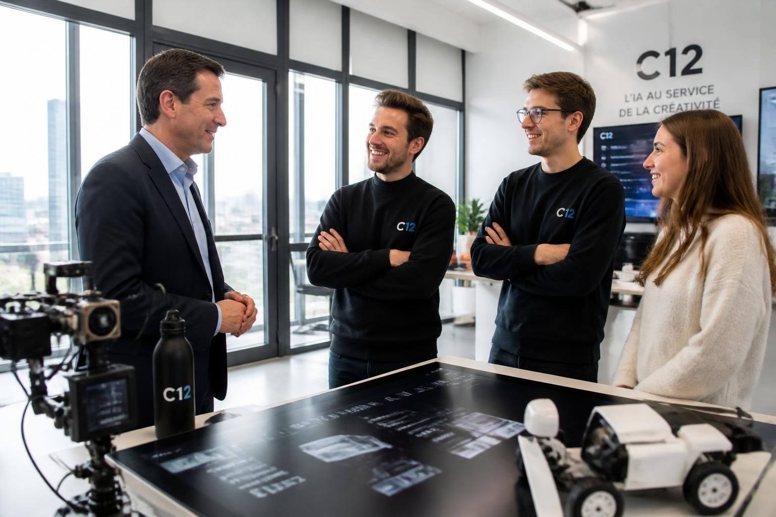 david lisnard rend visite à la start-up innovante c12 à paris, une étape clé pour découvrir les dernières avancées technologiques, reportage afp via boursorama.