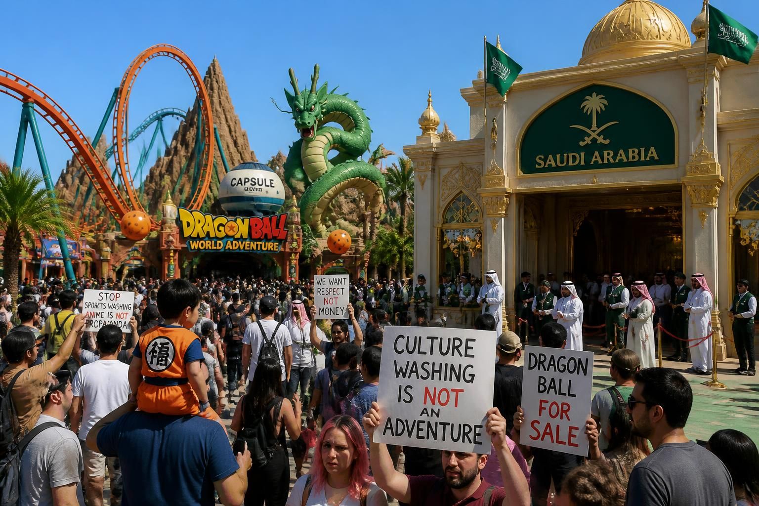 un parc d'attractions dragon ball financé par l'arabie saoudite provoque la controverse en france, la gauche critiquant le traitement de faveur réservé à mohammed ben salmane lors de son accueil.