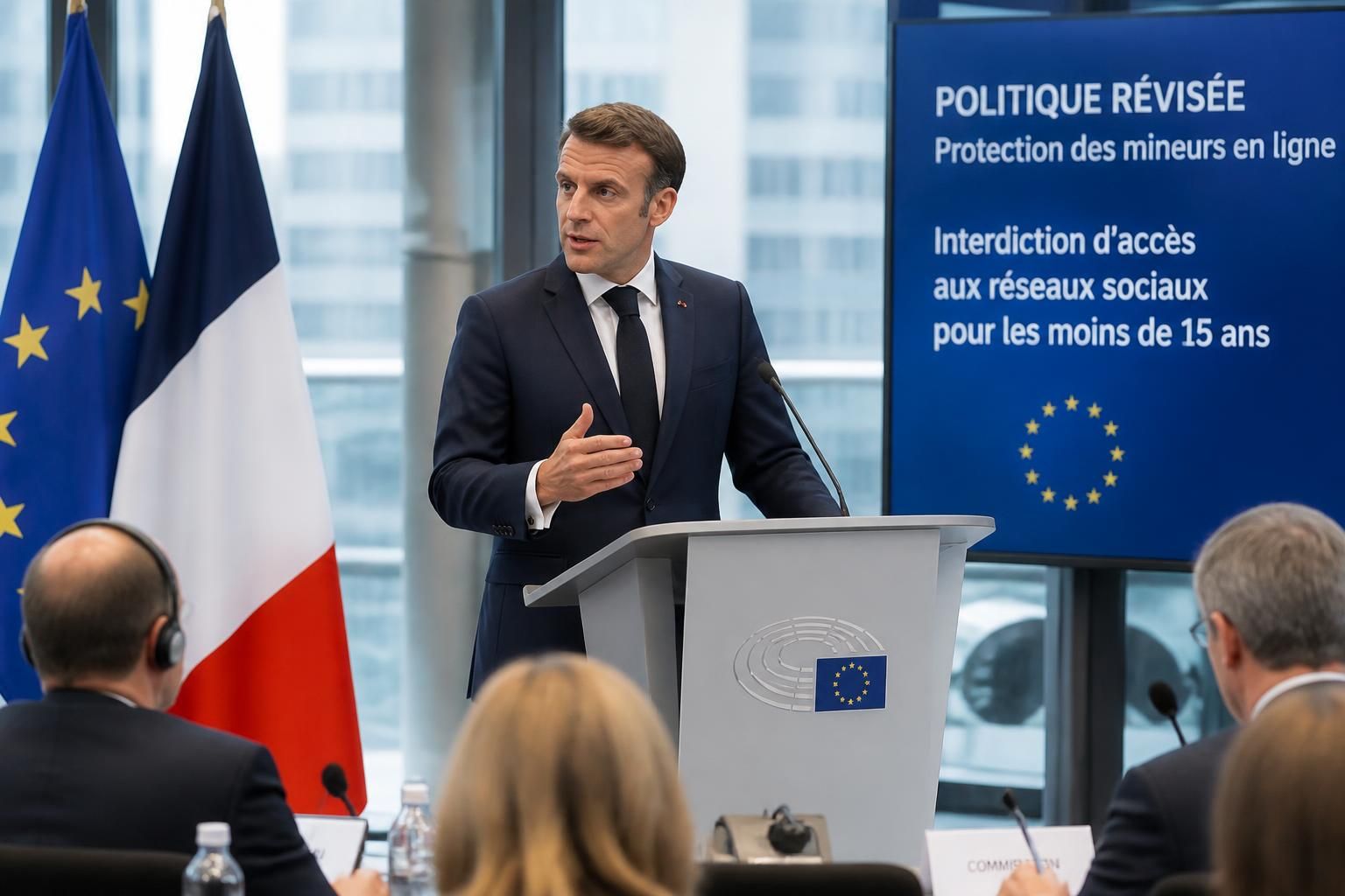 Macron persiste sur l’interdiction des rĂ©seaux sociaux pour les moins de 15 ans et prĂ©sente une version rĂ©visĂ©e Ă Bruxelles emmanuel macron maintient son projet d'interdire l'accĂšs aux rĂ©seaux sociaux aux moins de 15 ans et prĂ©sente une version rĂ©visĂ©e de cette mesure Ă bruxelles.