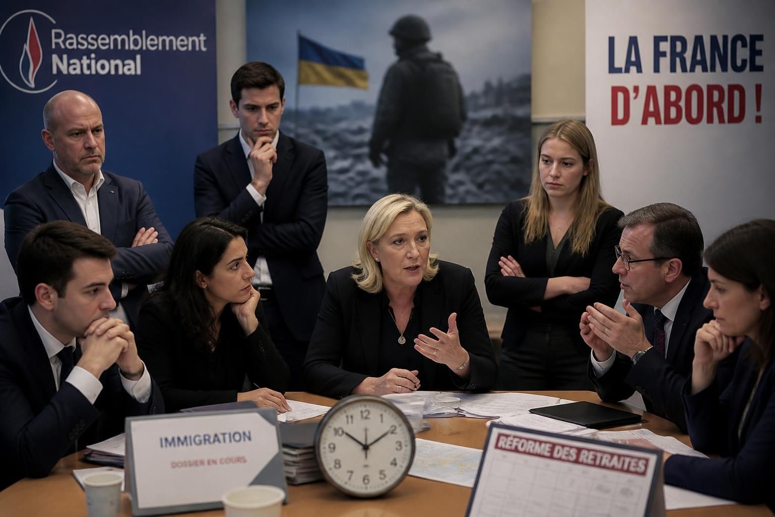 analyse des contradictions du rassemblement national face aux enjeux de l'ukraine, de l'immigration et des retraites, et leur impact sur la cohérence politique du parti.