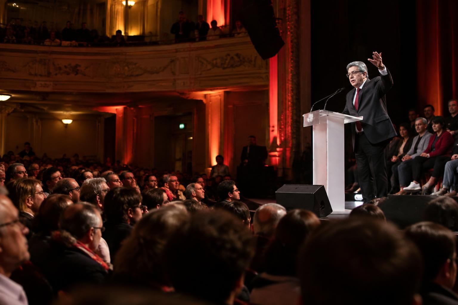 jean-luc mélenchon tient un meeting à la maison de la mutualité, dans le 5ᵉ arrondissement de paris.
